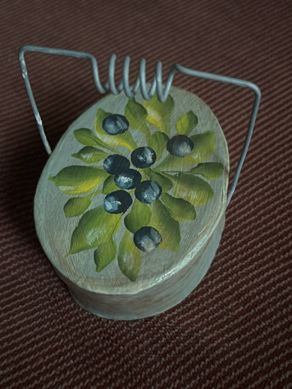 Hand-Painted Wooden Trinket Box with Leaf & Berry Design